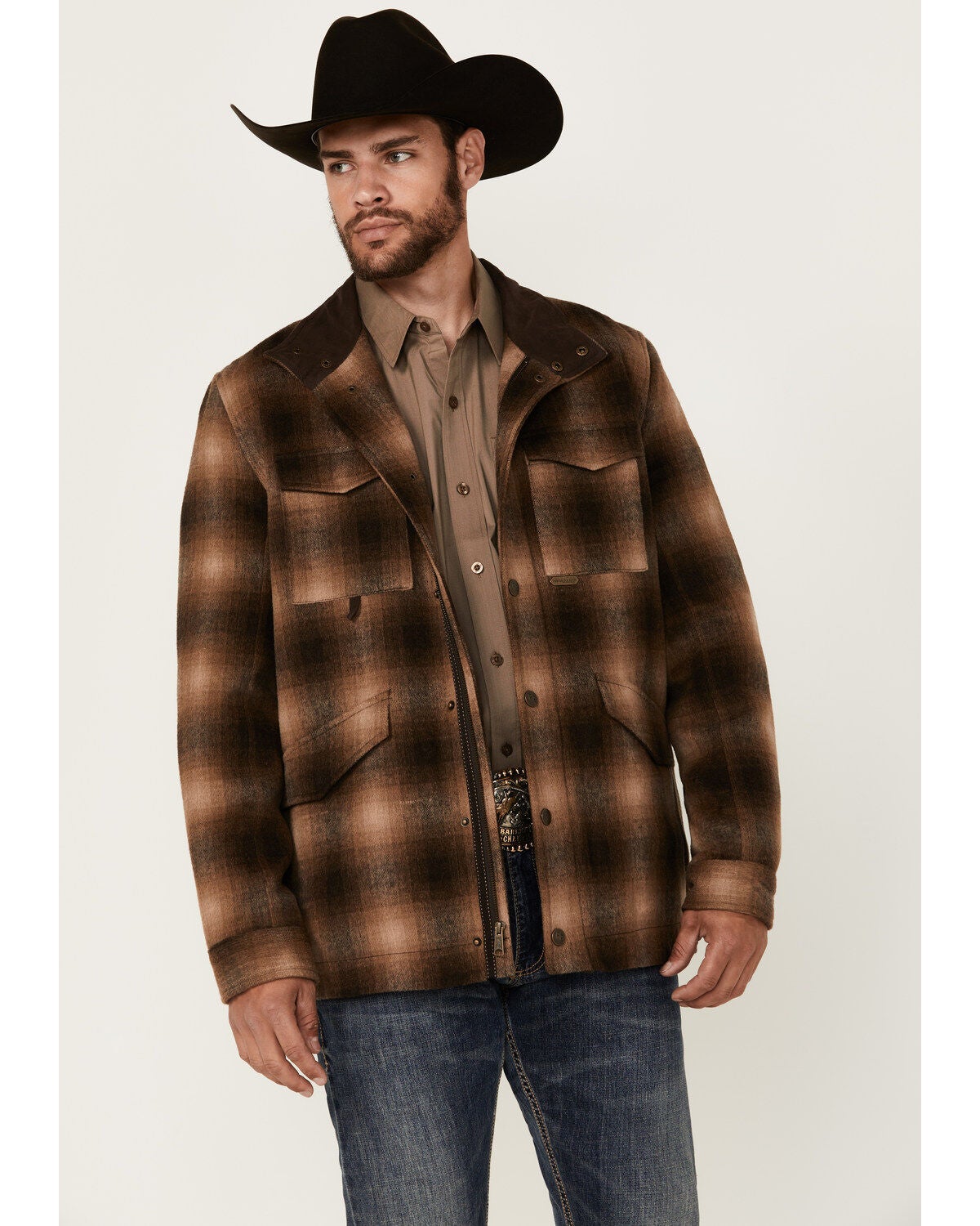 Powder River Outfitters Men's Plaid Print Heavy Brushed Wool Snap Jacket, Brown, hi-res