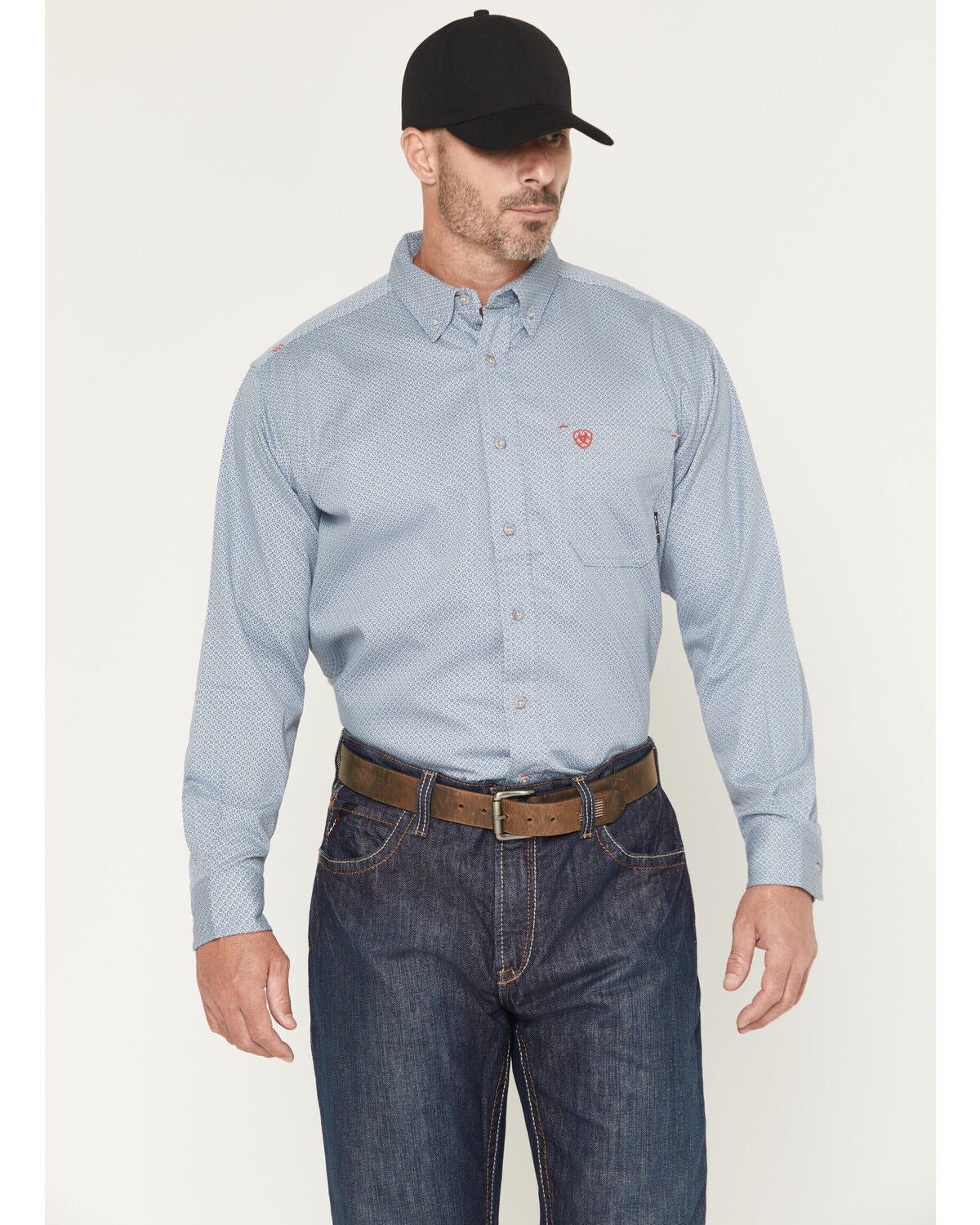 Ariat Men's FR Mantle Geo Print Long Sleeve Button-Down Work Shirt, Blue, hi-res