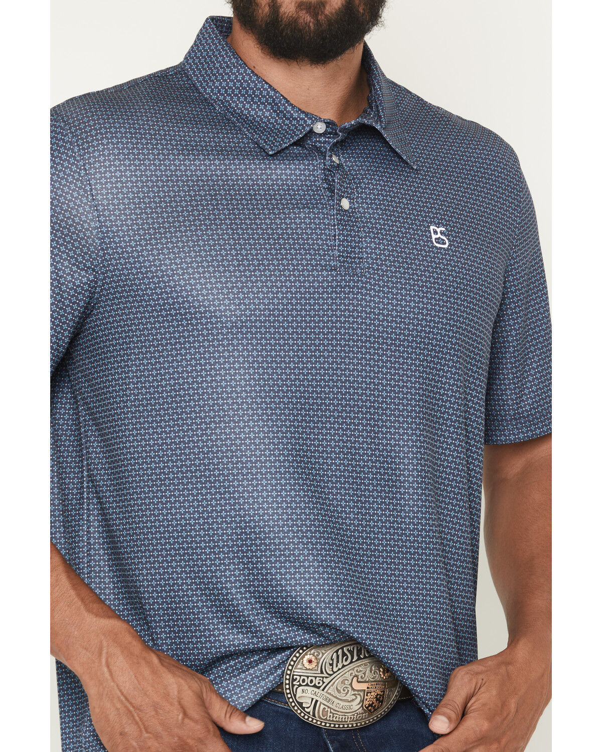 Image #3 - Panhandle Slim Men's Geo Print Short Sleeve Snap Polo Shirt, Navy, hi-res