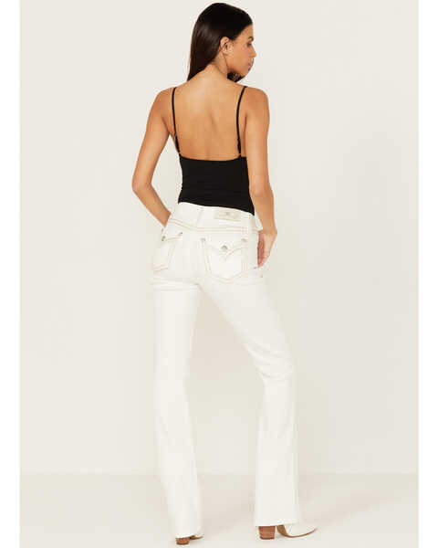 Miss Me Women's Mid Rise Whipstitch Border Pocket Bootcut Stretch Denim Jeans, White, hi-res