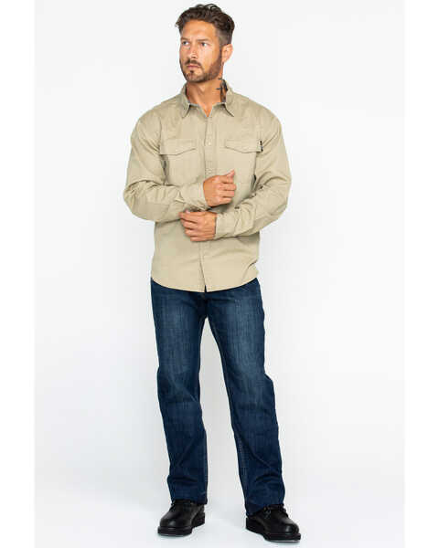Hawx Men's Solid Twill Pearl Snap Long Sleeve Work Shirt , Beige/khaki, hi-res