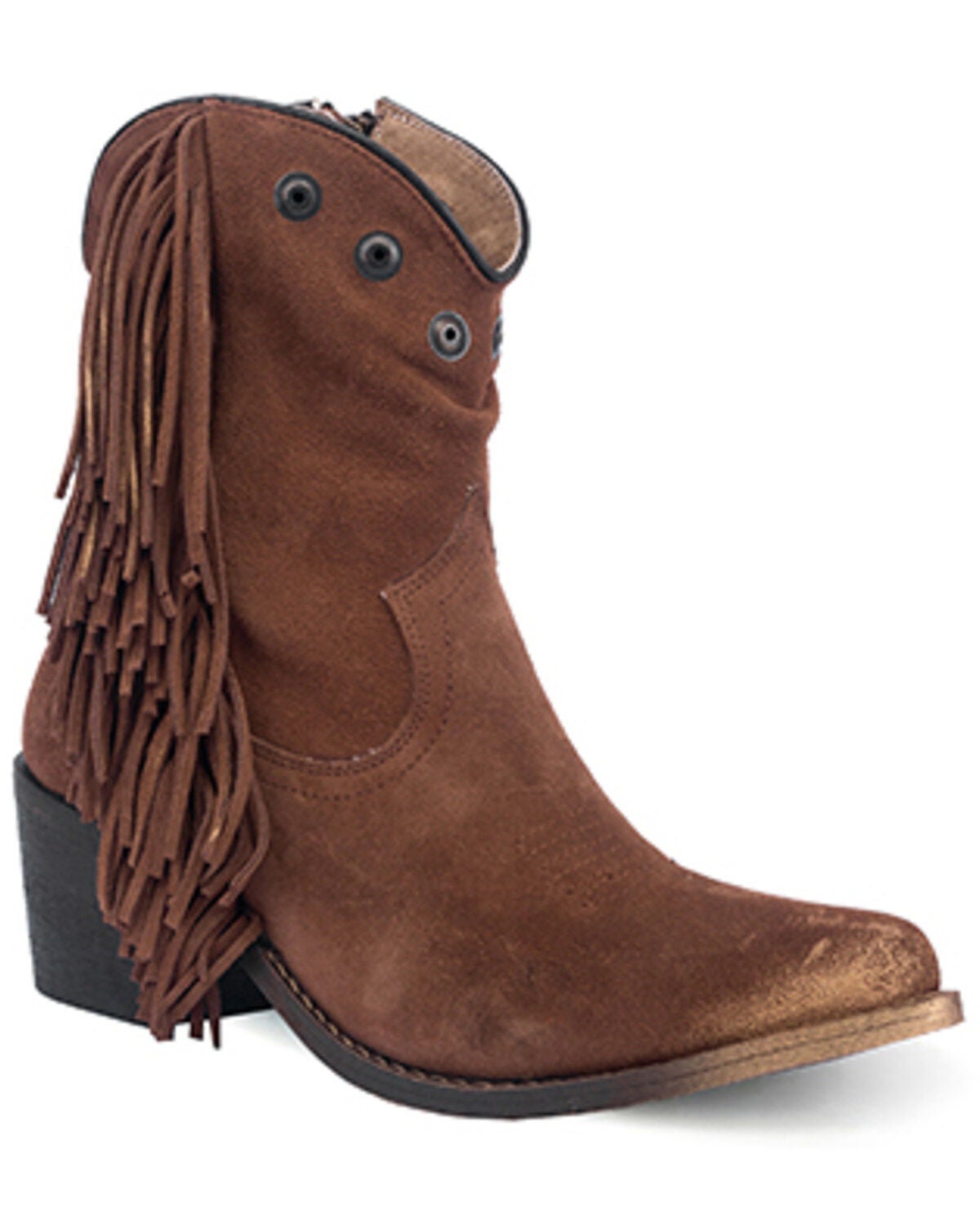 Circle G Women's Studded Suede Fringe Ankle Boots - Round Toe, Brown, hi-res