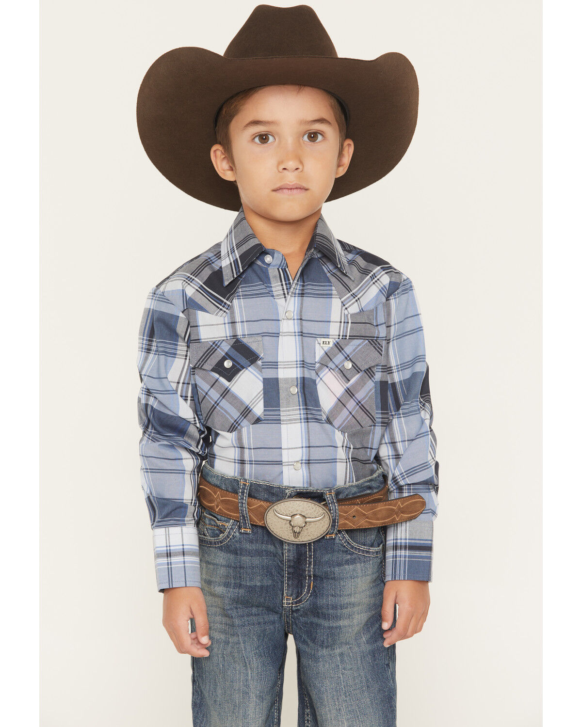 Image #1 - Ely Walker Boys' Plaid Print Long Sleeve Pearl Snap Western Shirt, Blue, hi-res