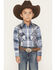 Image #1 - Ely Walker Boys' Plaid Print Long Sleeve Pearl Snap Western Shirt, Blue, hi-res