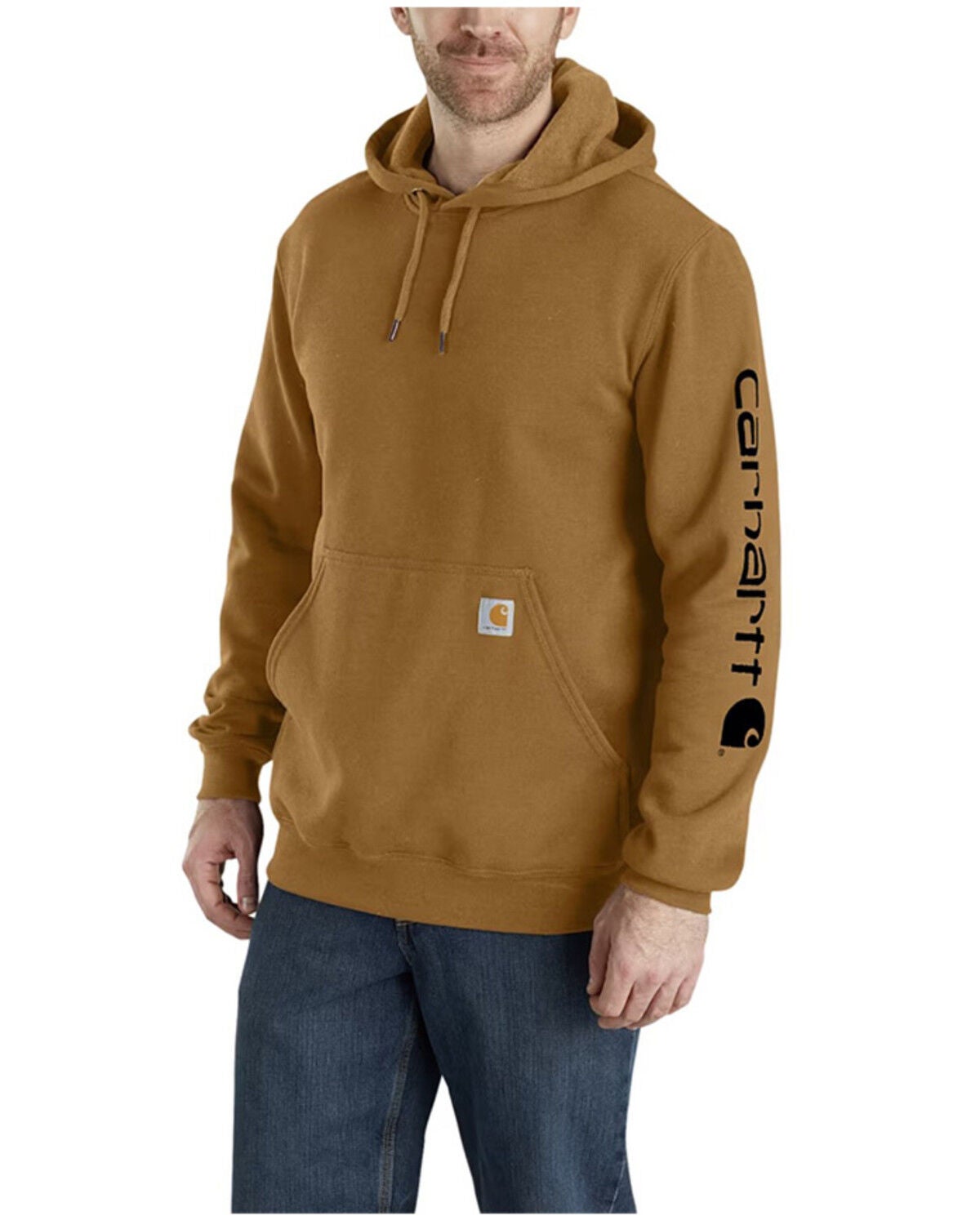 Carhartt Men's Loose Fit Midweight Logo Sleeve Graphic Hooded Sweatshirt, Brown, hi-res