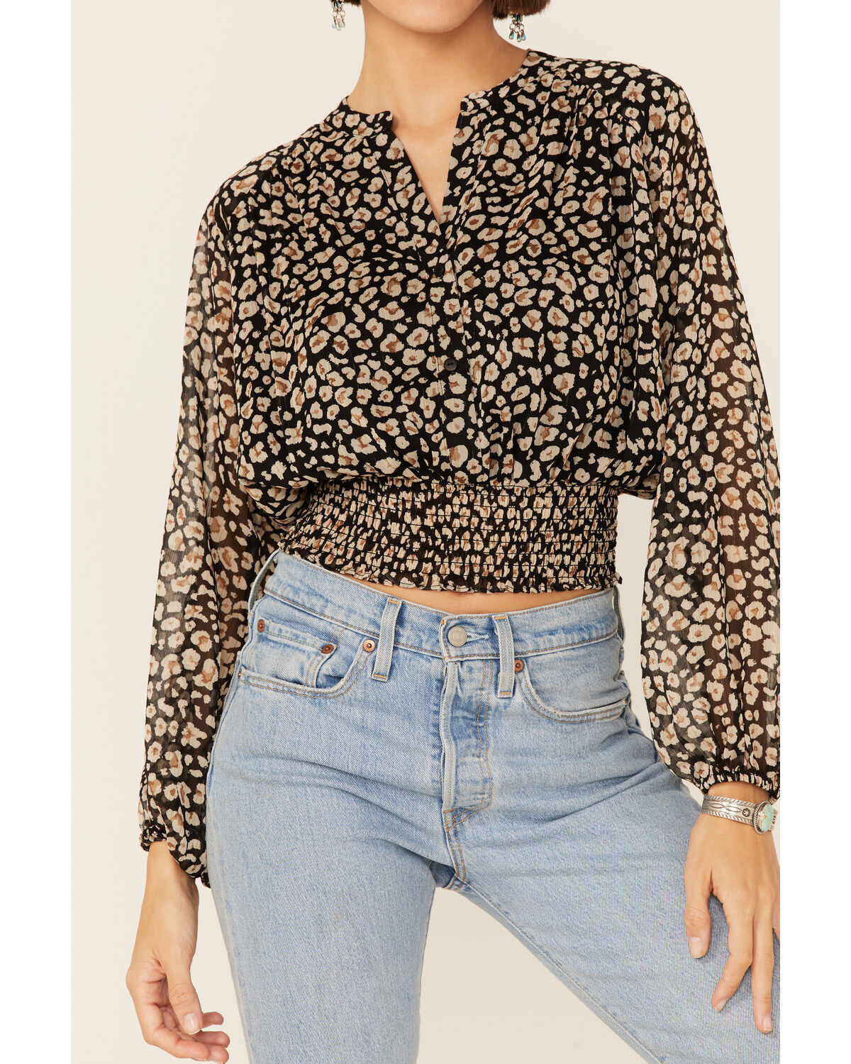 Image #2 - Lush Women's Floral Cropped Blouse, Black, hi-res