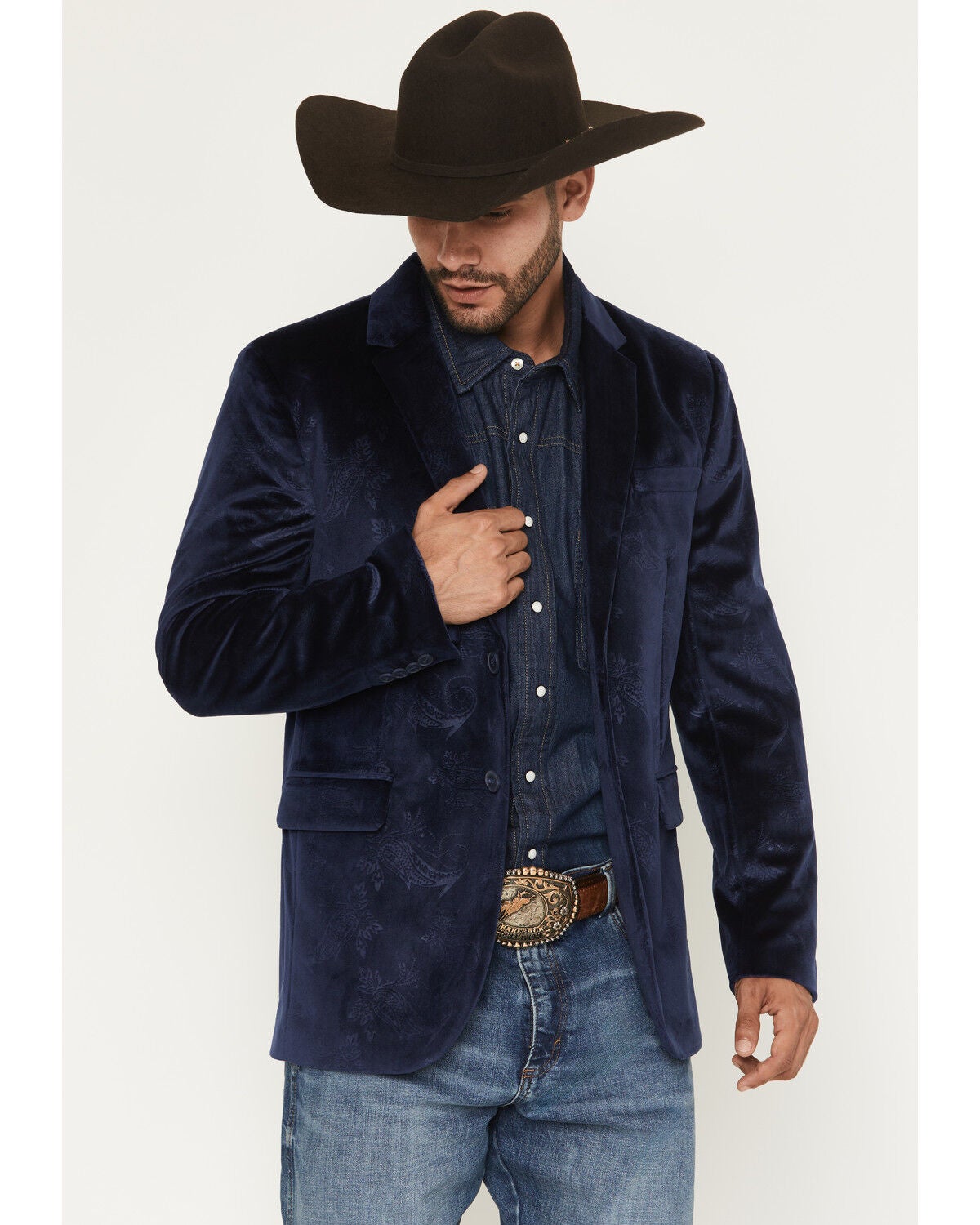 Rock & Roll Denim Men's Paisley Velvet Modern Fit Sportcoat, Navy, hi-res