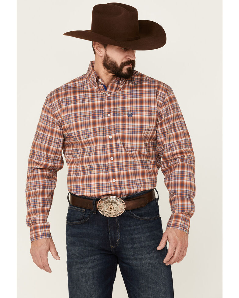 Rough Stock By Panhandle Men's Plaid Rust Long Sleeve Button-Down Western Shirt , Rust Copper, hi-res