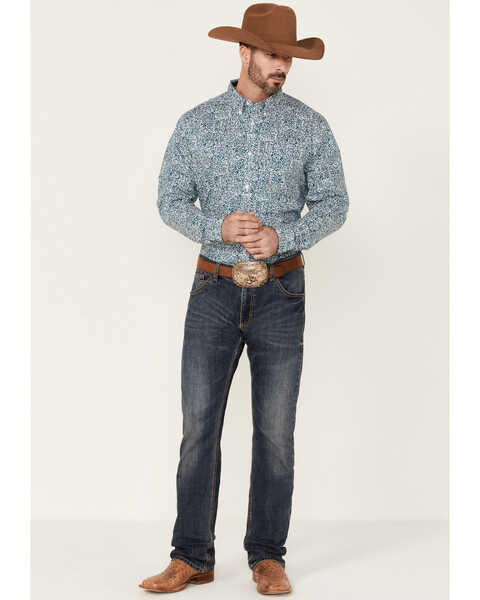 Image #2 - Cody James Core Men's Workforce Floral Print Long Sleeve Button-Down Western Shirt , Blue/white, hi-res