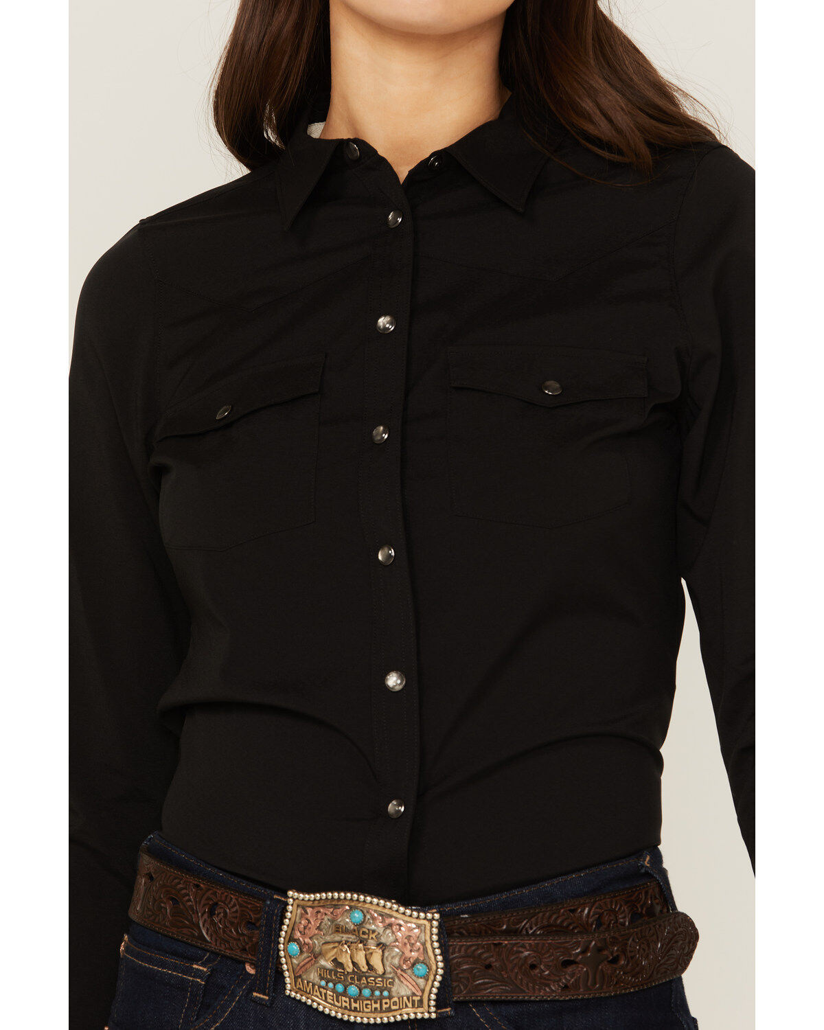 Image #3 - RANK 45® Women's Outdoor Vented York Riding Long Sleeve Snap Western Shirt, Black, hi-res