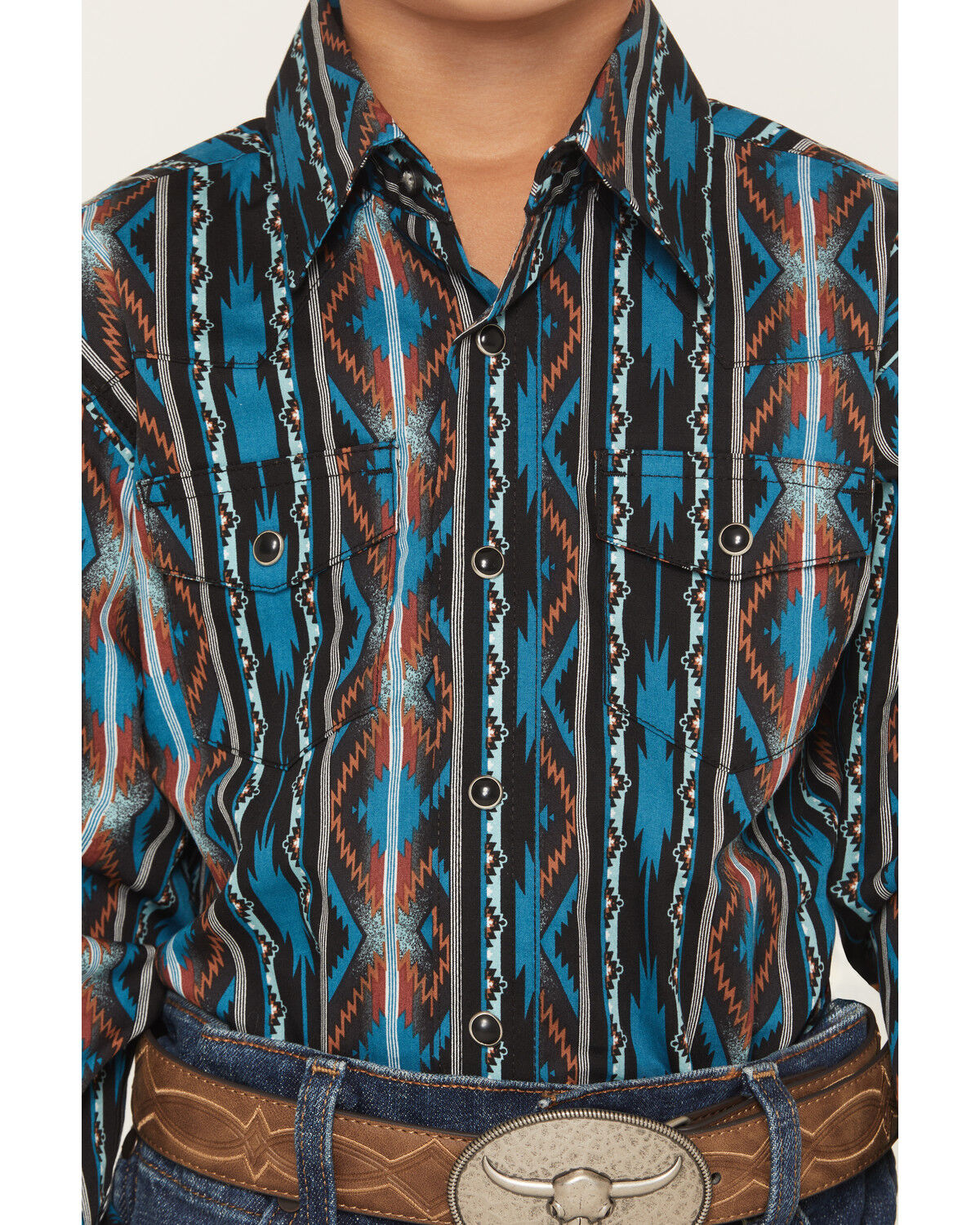 Image #3 - Wrangler Boys' Checotah Southwestern Striped Print Long Sleeve Snap Western Shirt, Teal, hi-res