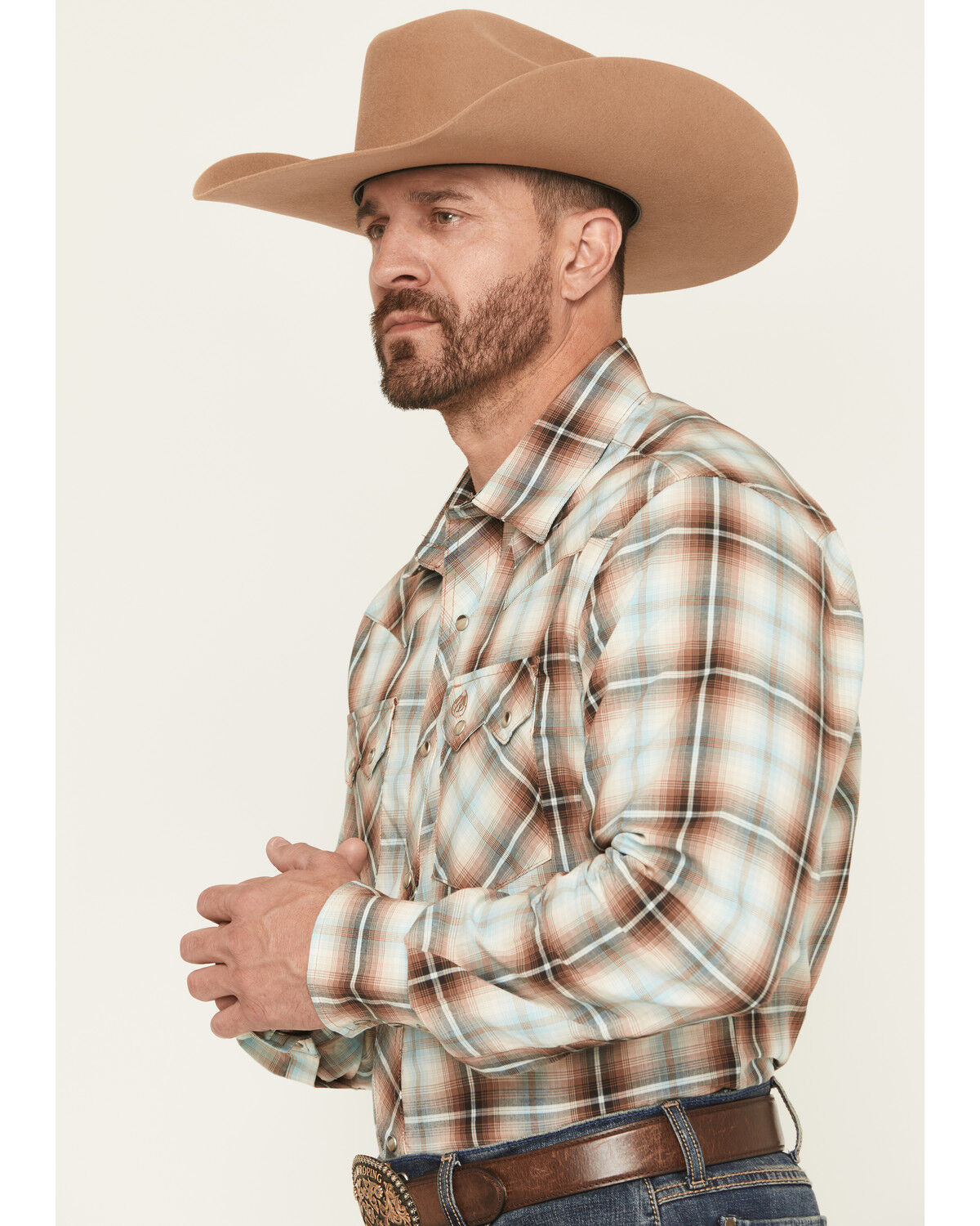Image #2 - Wrangler Retro Men's Plaid Print Long Sleeve Snap Western Shirt, Brown, hi-res
