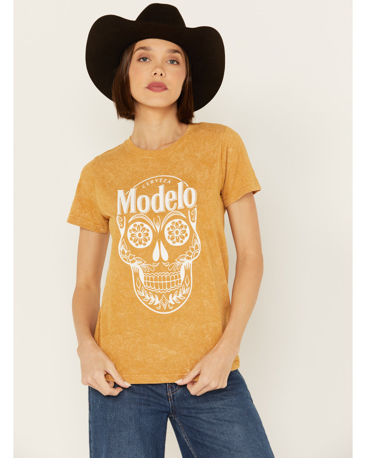 Image #1 - Modelo Women's Logo Skull Short Sleeve Graphic Tee, Mustard, hi-res