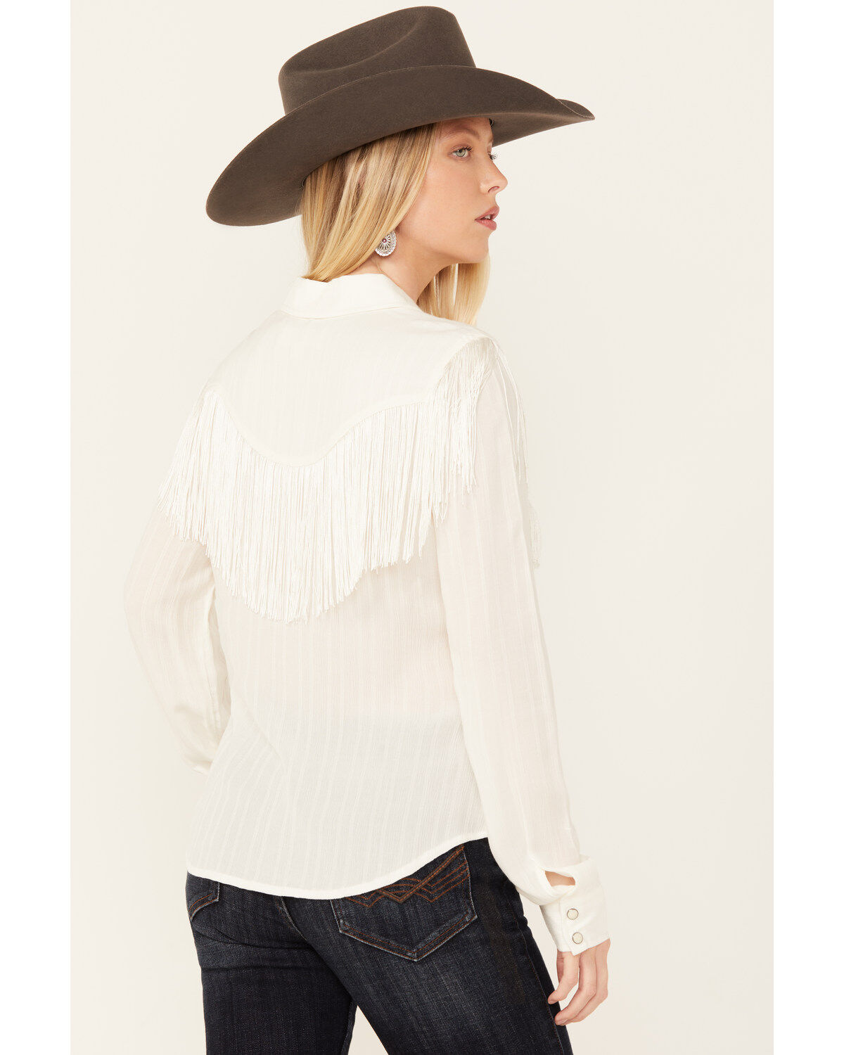 Image #4 - Idyllwind Women's Etta Fringe Western Yoke Long Sleeve Snap Shirt, White, hi-res