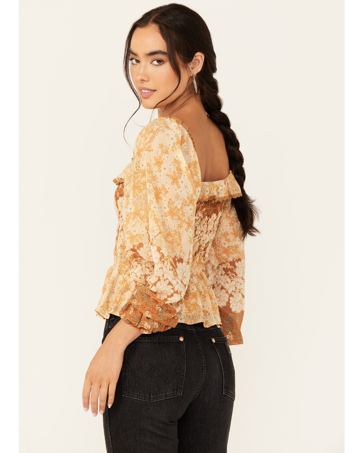 Image #4 - Miss Me Women's Floral Print Long Sleeve Peasant Top, Rust Copper, hi-res