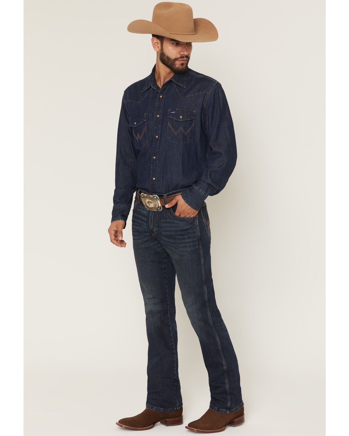 Wrangler Retro Men's 77MWZ Dark Wash Slim Bootcut Stretch Denim Jeans, Dark Wash, hi-res