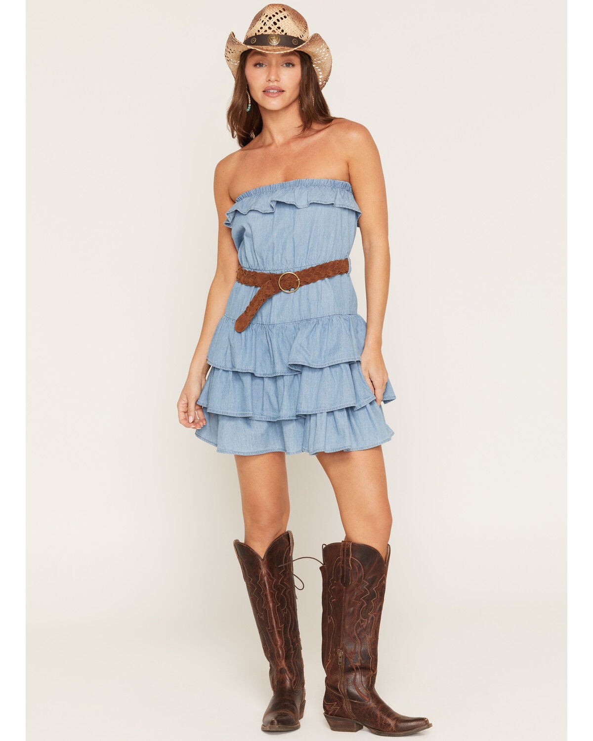Image #1 - Boom Boom Jeans Women's Light Wash Strapless Tiered Belted Denim Mini Dress, Light Wash, hi-res