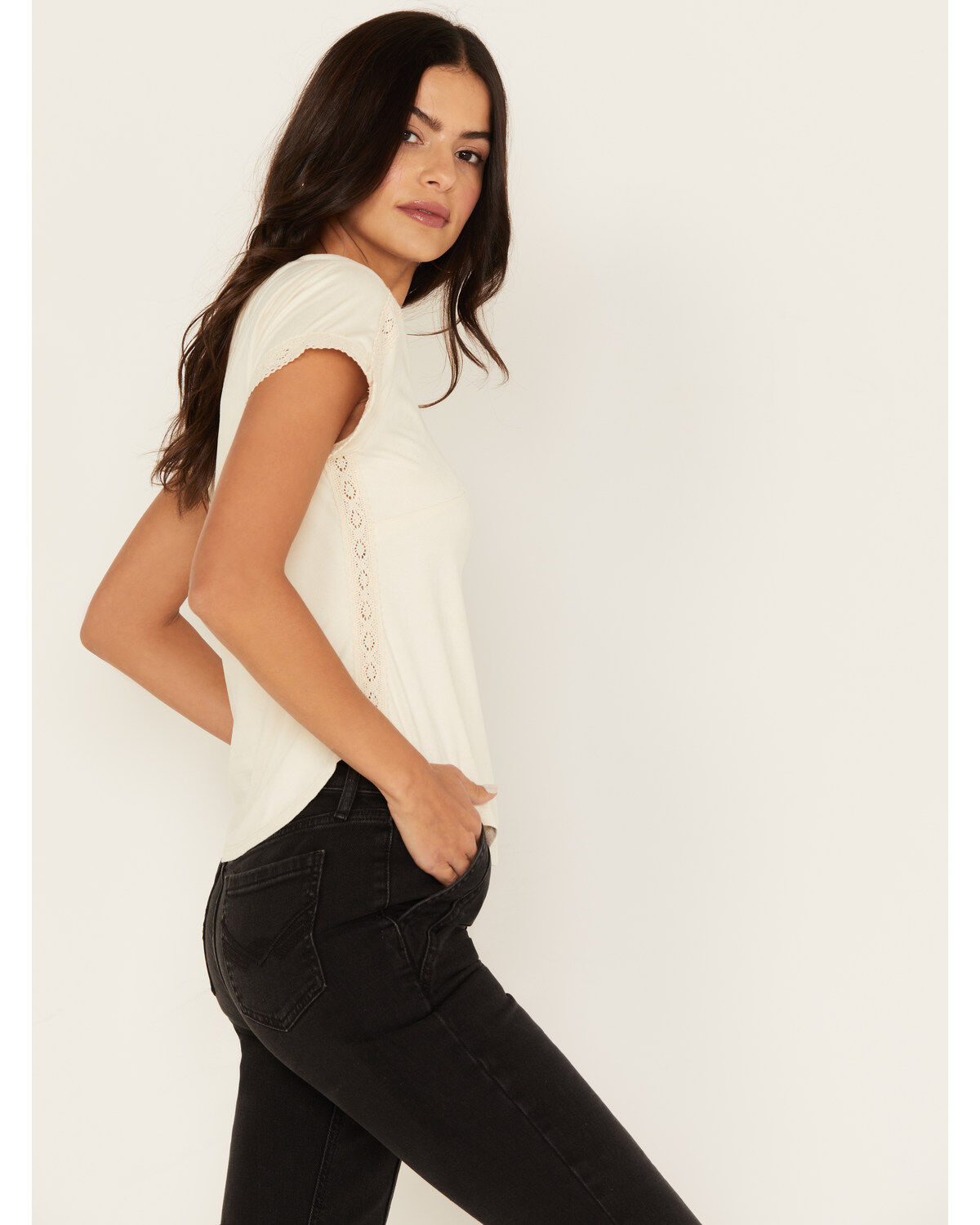 Image #2 - Shyanne Women's Crochet Trim Short Sleeve Faux Suede Tee, , hi-res