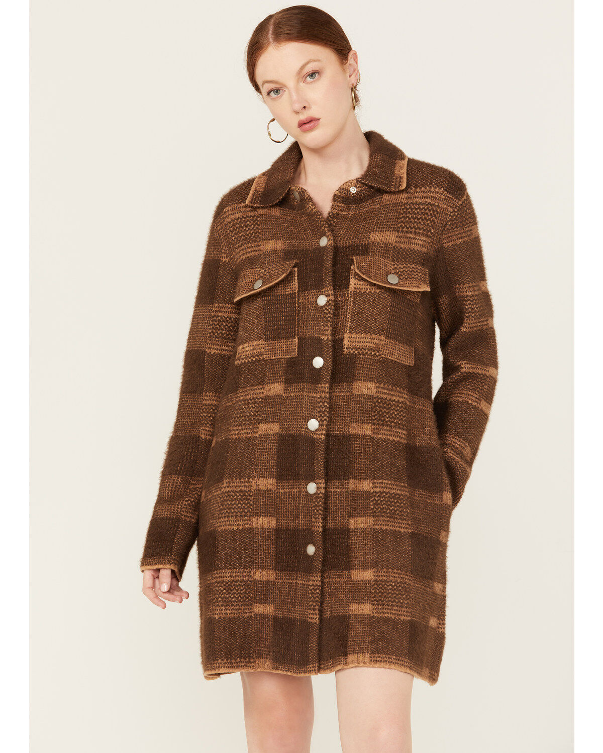 Image #1 - Panhandle Women's Plaid Print Knit Sweater Coat, Dark Brown, hi-res