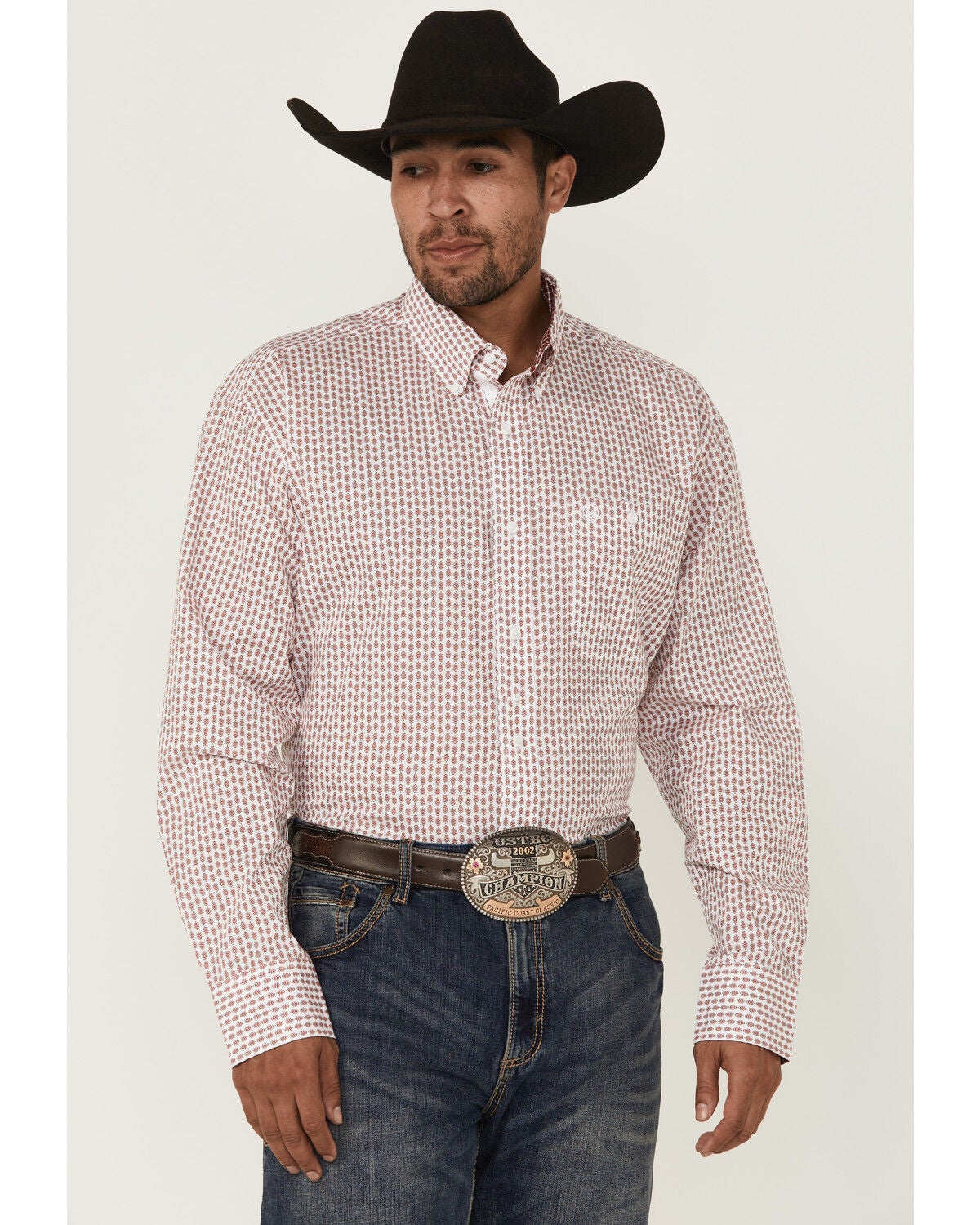 George Strait by Wrangler Men's Geo Print Long Sleeve Button-Down Stretch Western Shirt - Big, White, hi-res