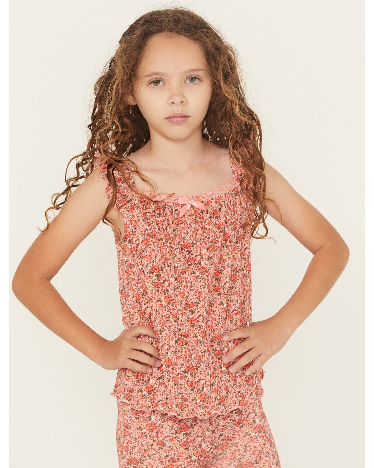 Shyanne Girls' Ditsy Floral Print Ruffle Sleeve Shirt, Light Pink, hi-res