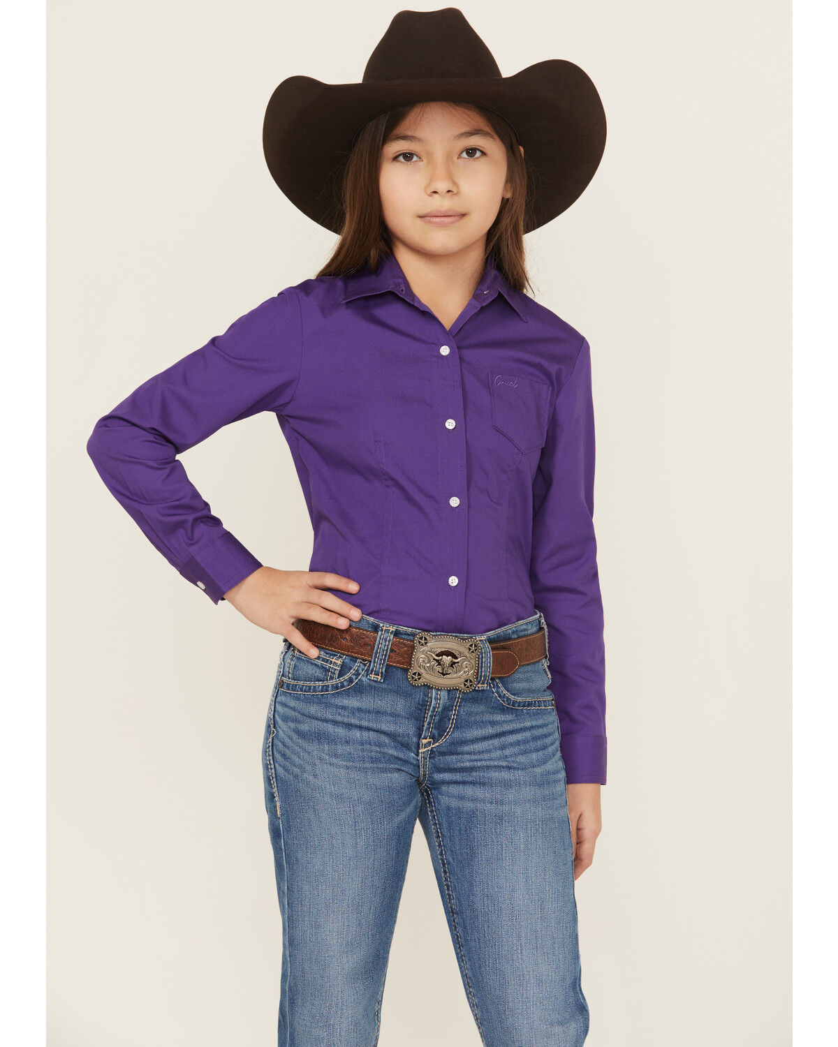 Image #1 - Cruel Girl Girls' Solid Long Sleeve Button-Down Western Shirt, Purple, hi-res