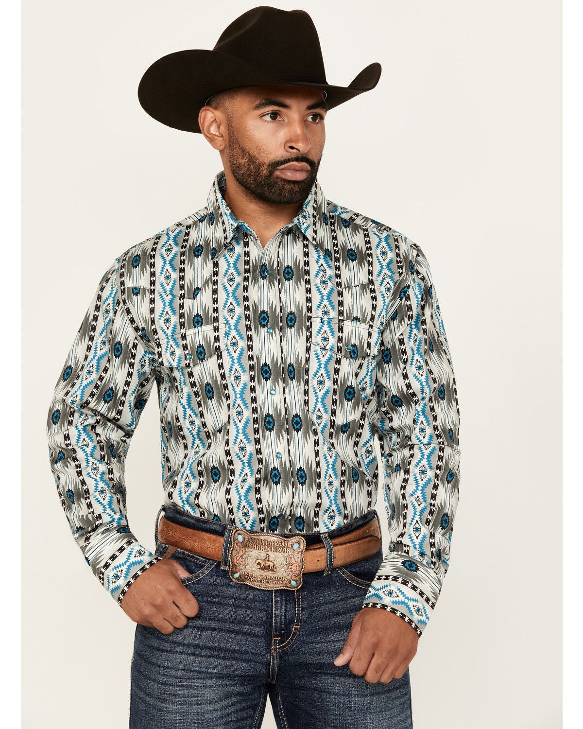 Wrangler Men's Checotah Southwestern Print Long Sleeve Snap Western Shirt, Multi, hi-res