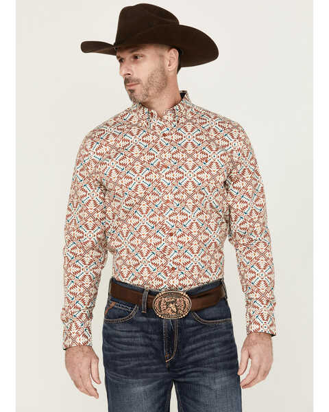 RANK 45® Men's Lagos Southwestern Print Long Sleeve Button-Down Performance Stretch Western Shirt , Ivory, hi-res