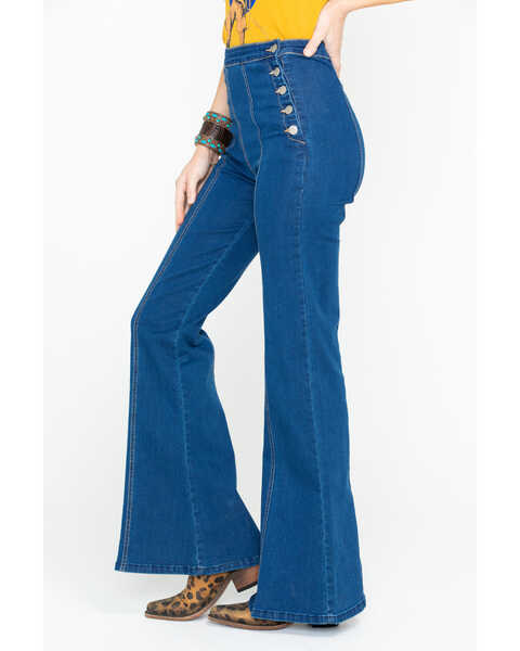 Image #4 - Flying Tomato Women's Button Side Dark Denim Flare Trouser Jeans, , hi-res