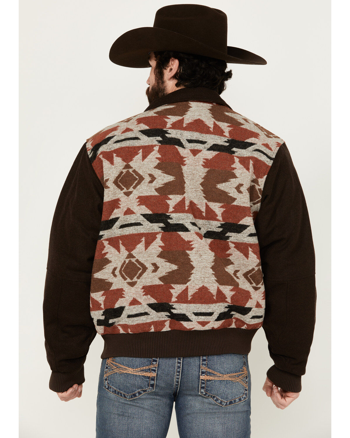 Image #4 - Cripple Creek Men's Brown Navajo Blanket Print Snap-Front Bomber Jacket, Brown, hi-res