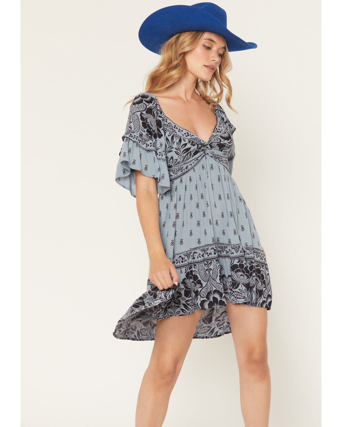 Angie Women's Floral Print Short Sleeve Mini Dress, Blue, hi-res