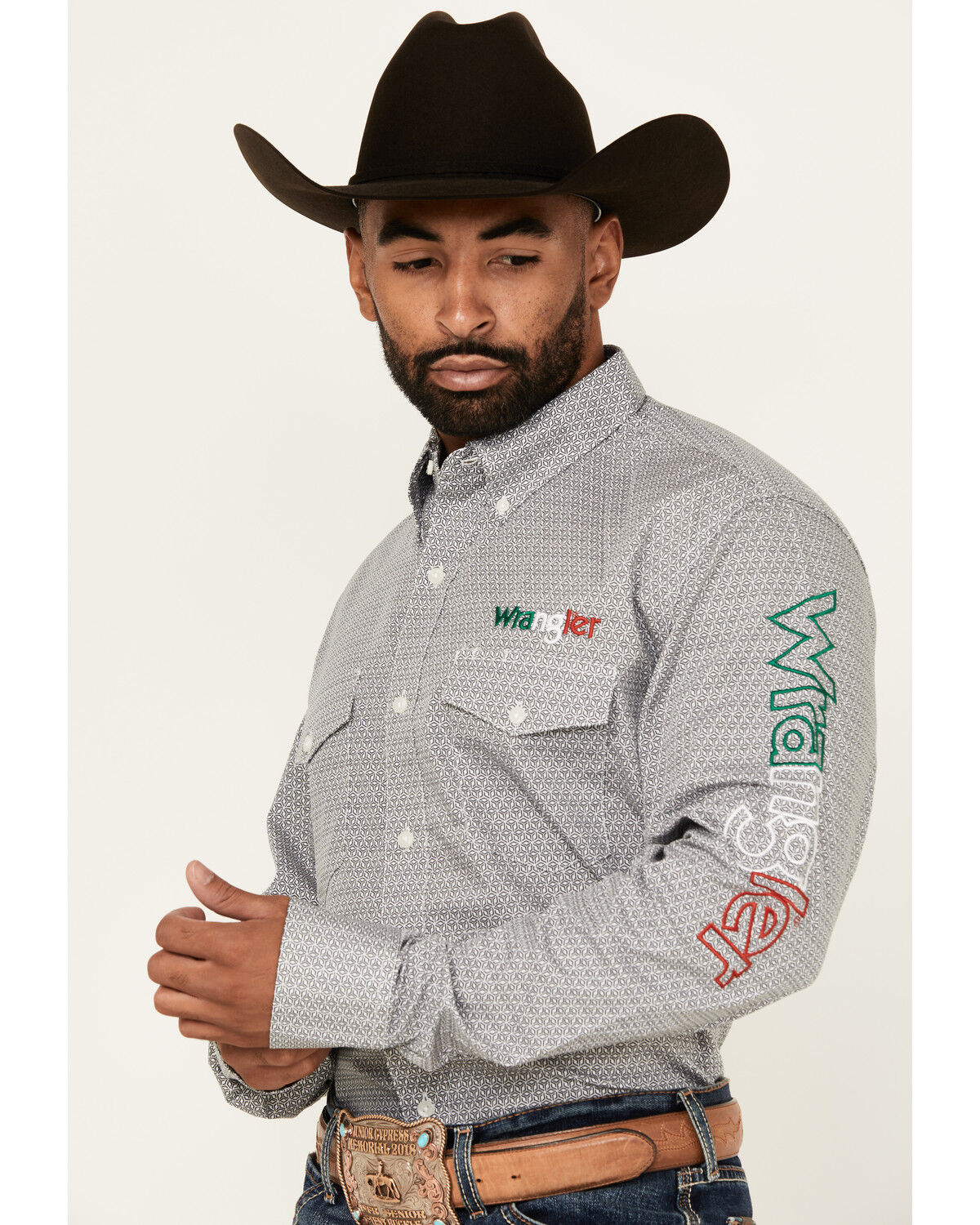 Product Name:  Wrangler Men's Mexico Flag Logo Geo Print Long Sleeve Button-Down Western Shirt