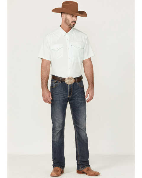 Image #2 - RANK 45® Men's 8 Seconds Short Sleeve Pearl Snap Western Tech Shirt , Aqua, hi-res