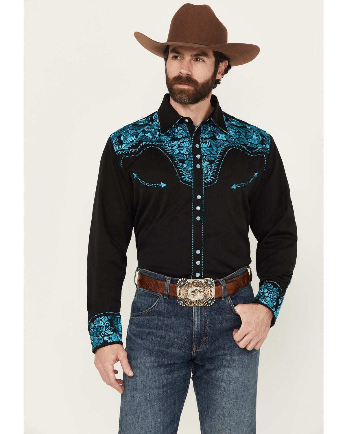 Scully Men's Gunfighter Embroidered Long Sleeve Snap Western Shirt, Turquoise, hi-res