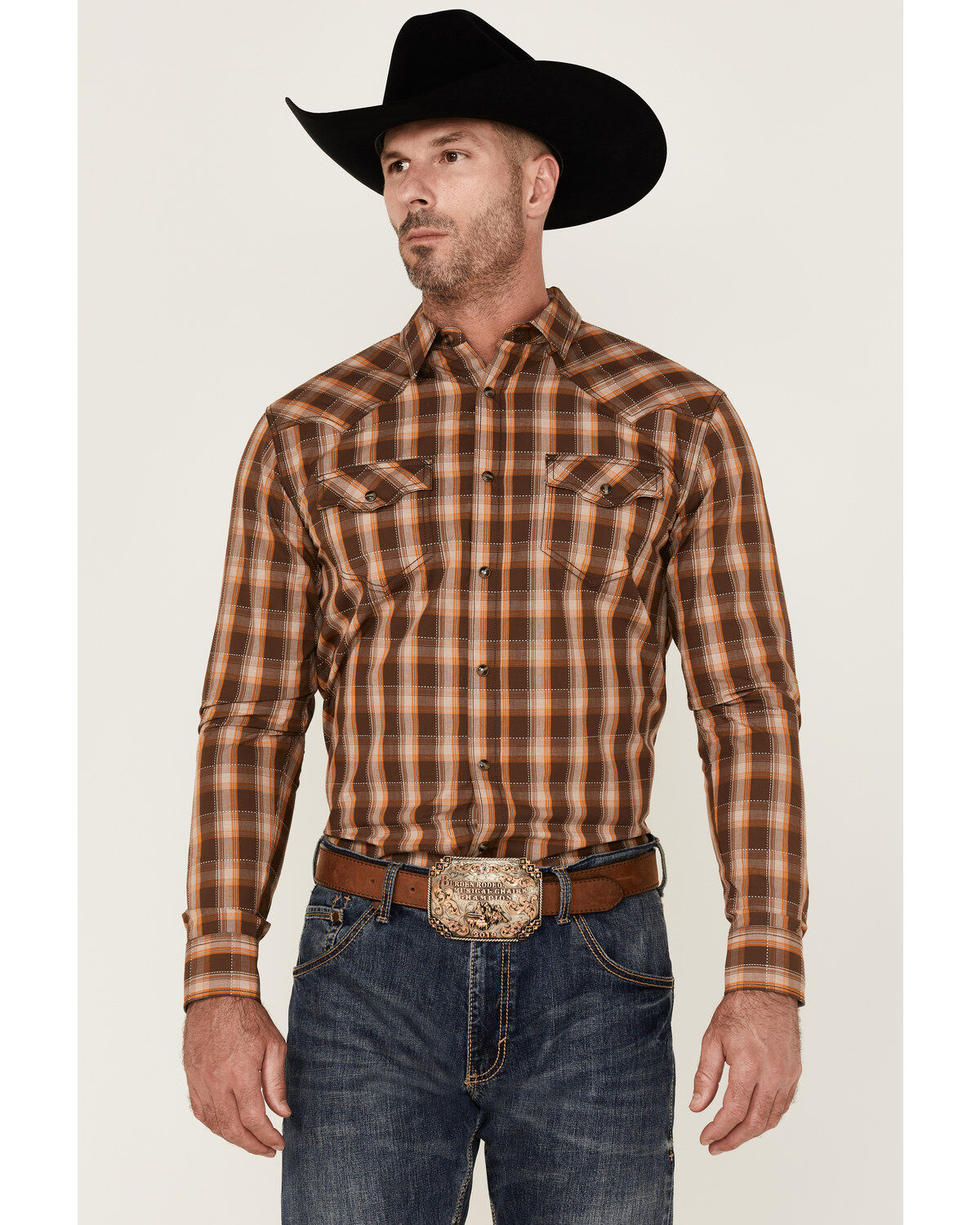 Image #1 - Cody James Men's Weekender Plaid Long Sleeve Snap Western Shirt, Brown, hi-res