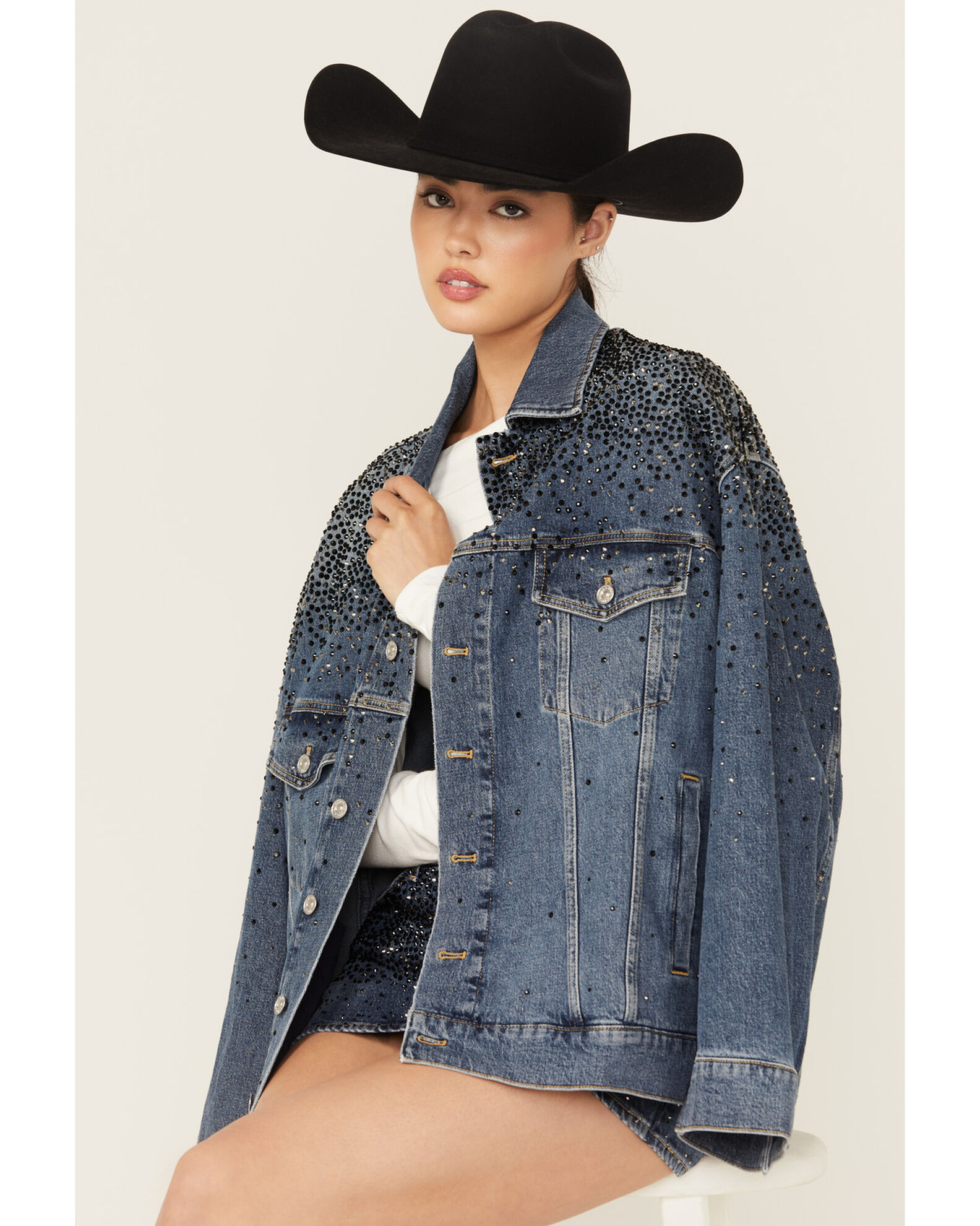 Oversized embellished denim jacket shop