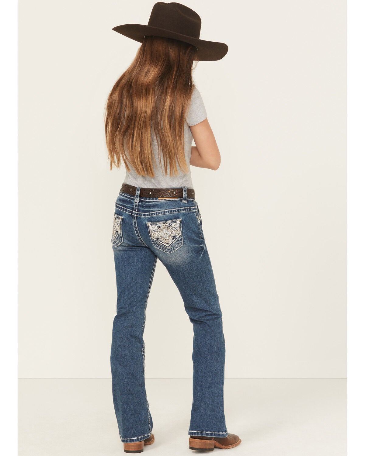 Shyanne Girls' Medium Wash Southwestern Pocket Bootcut Stretch Denim Jeans, Medium Wash, hi-res