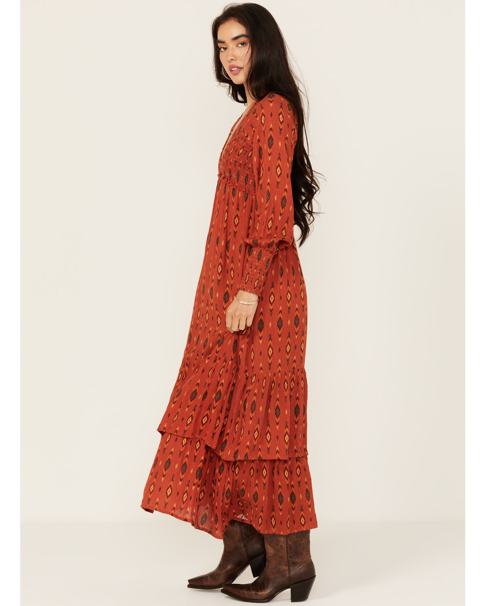 Image #2 - Panhandle Women's Southwestern Print Long Sleeve Midi Dress, Rust Copper, hi-res