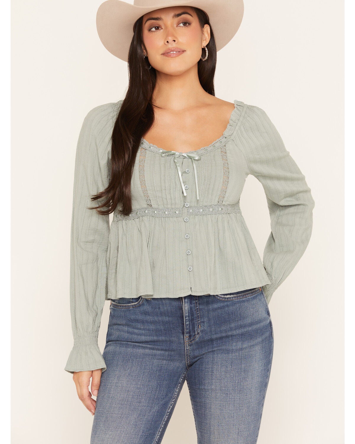 Image #1 - Wonderwest Women's Long Sleeve Lace Trim Button-Front Top, Blue, hi-res