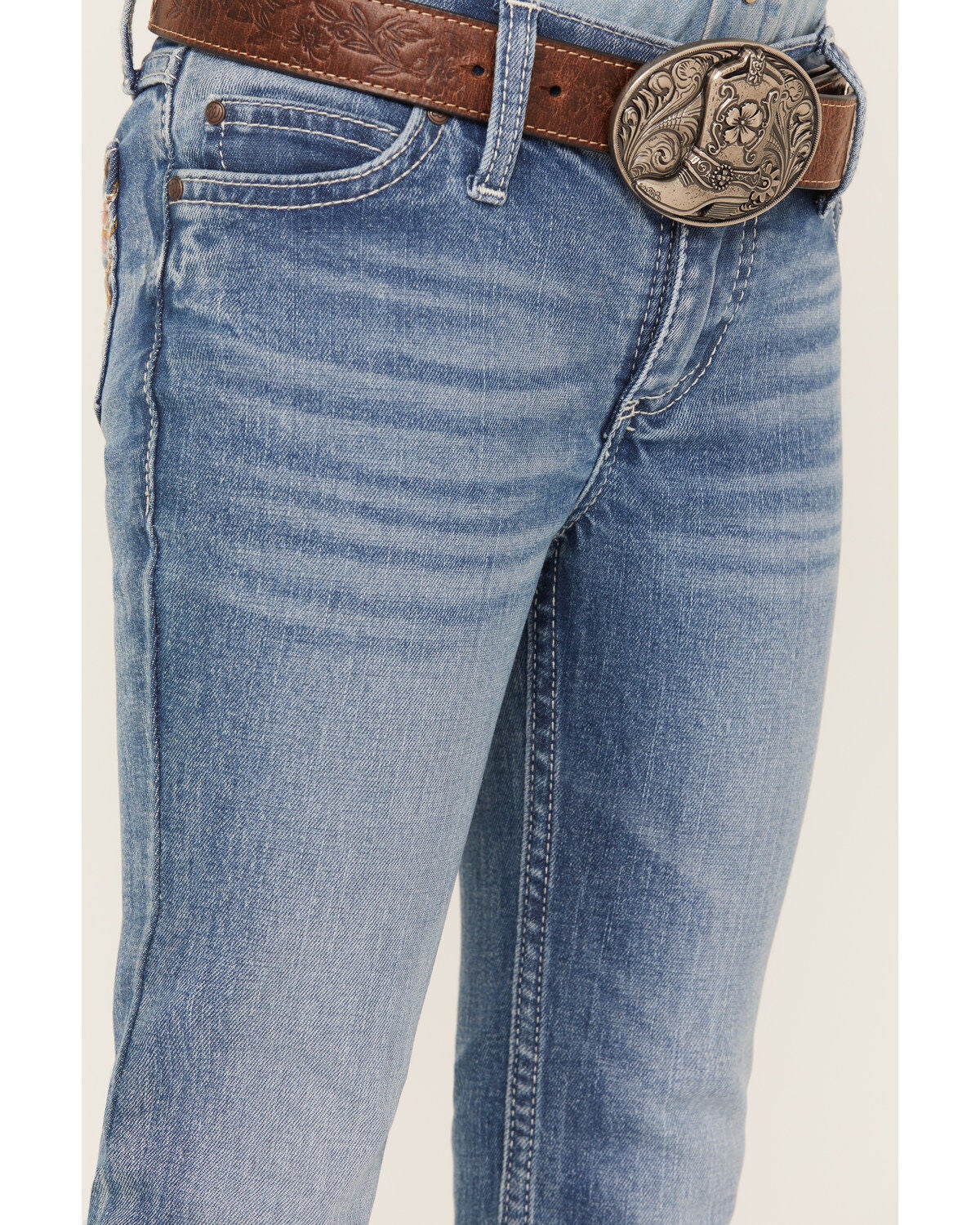 Image #2 - Wrangler Girls' Light Wash Embroidered Pocket Bootcut Jeans, , hi-res
