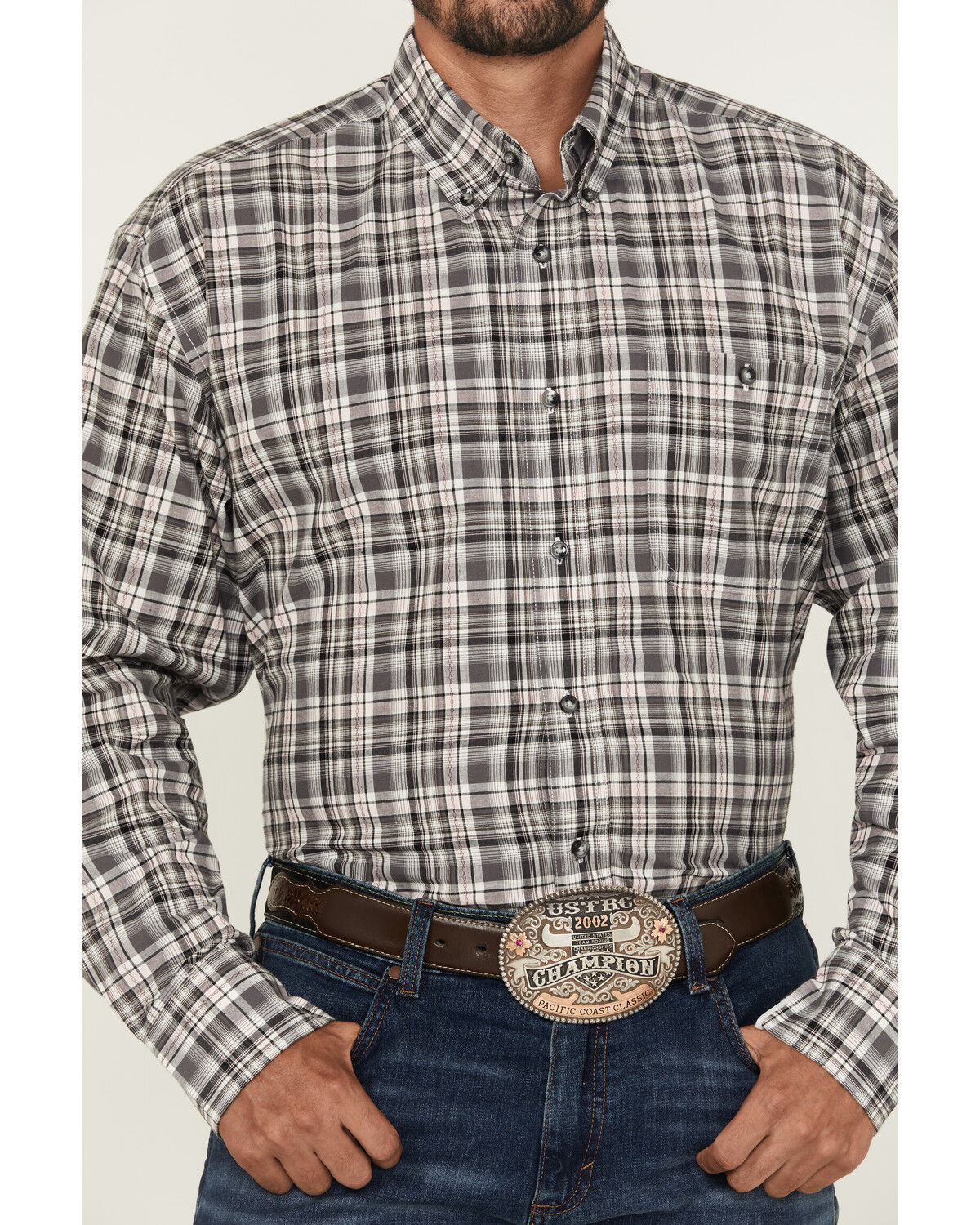 Image #3 - Wrangler Men's Bucking Cancer Plaid Print Long Sleeve Button-Down Western Shirt - Tall, Black, hi-res