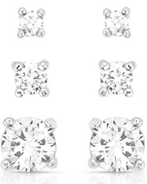 Montana Silversmiths Women's Shine Bright Triple Crystal Post Earring Set - 3 Piece , Silver, hi-res