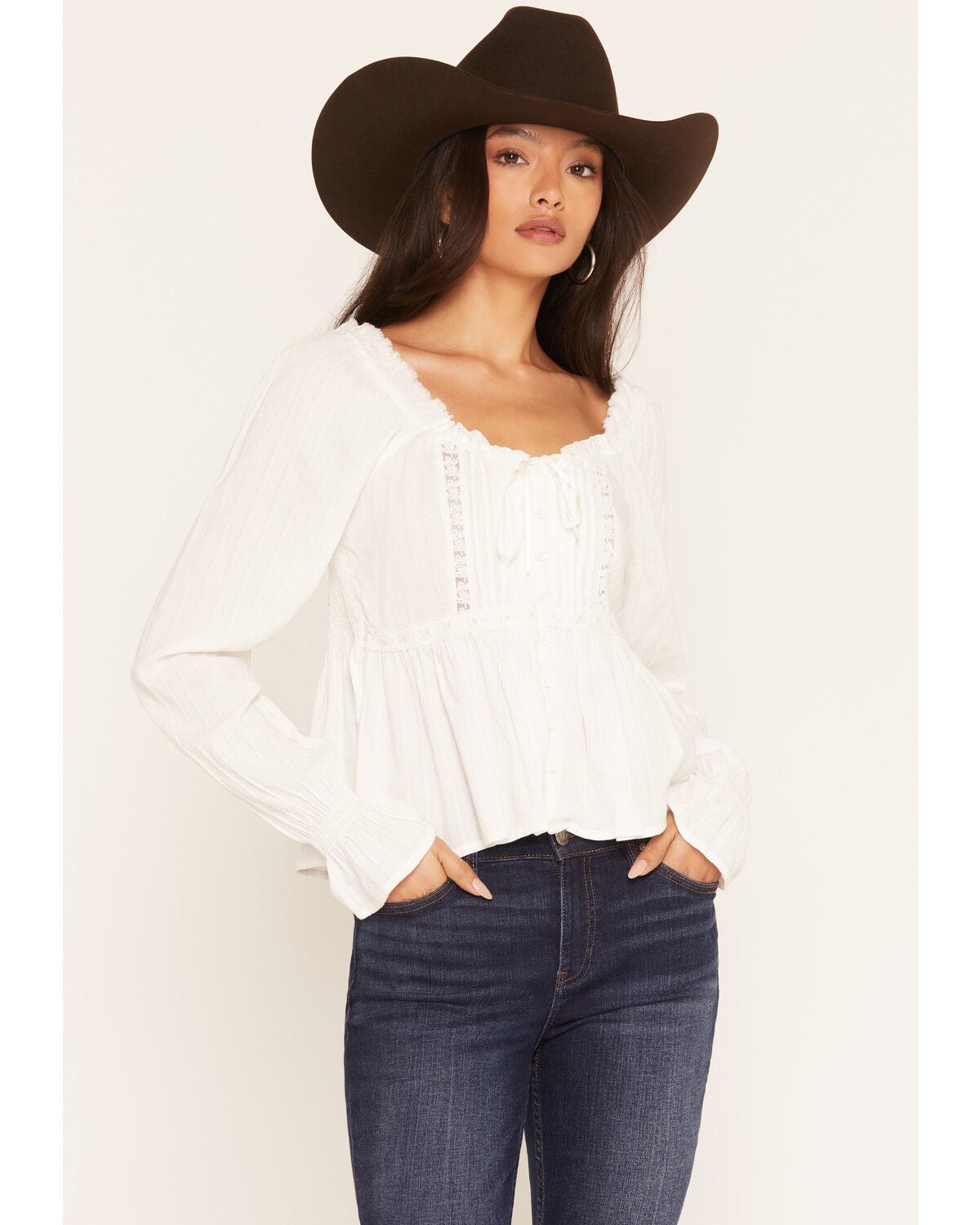 Image #1 - Wonderwest Women's Long Sleeve Lace Trim Button-Front Top, Ivory, hi-res