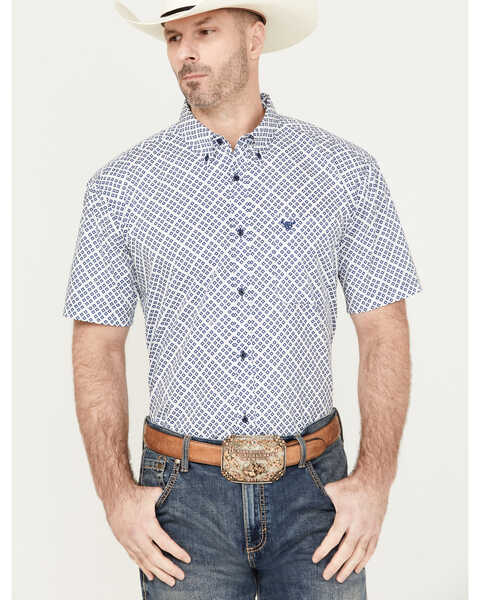 Cowboy Hardware Men's Wild Gem Geo Print Short Sleeve Button Down Western Shirt, Blue, hi-res