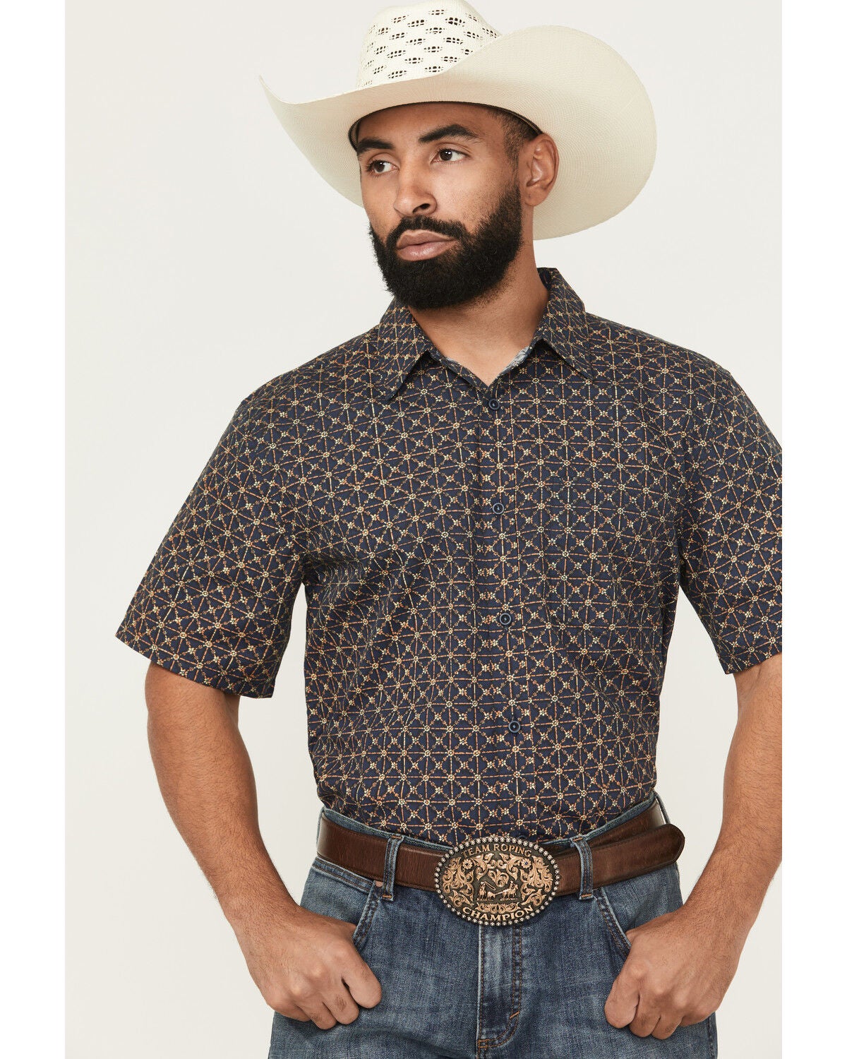 Gibson Trading Co Men's Aviara Geo Print Short Sleeve Button-Down Stretch Western Shirt, Navy, hi-res