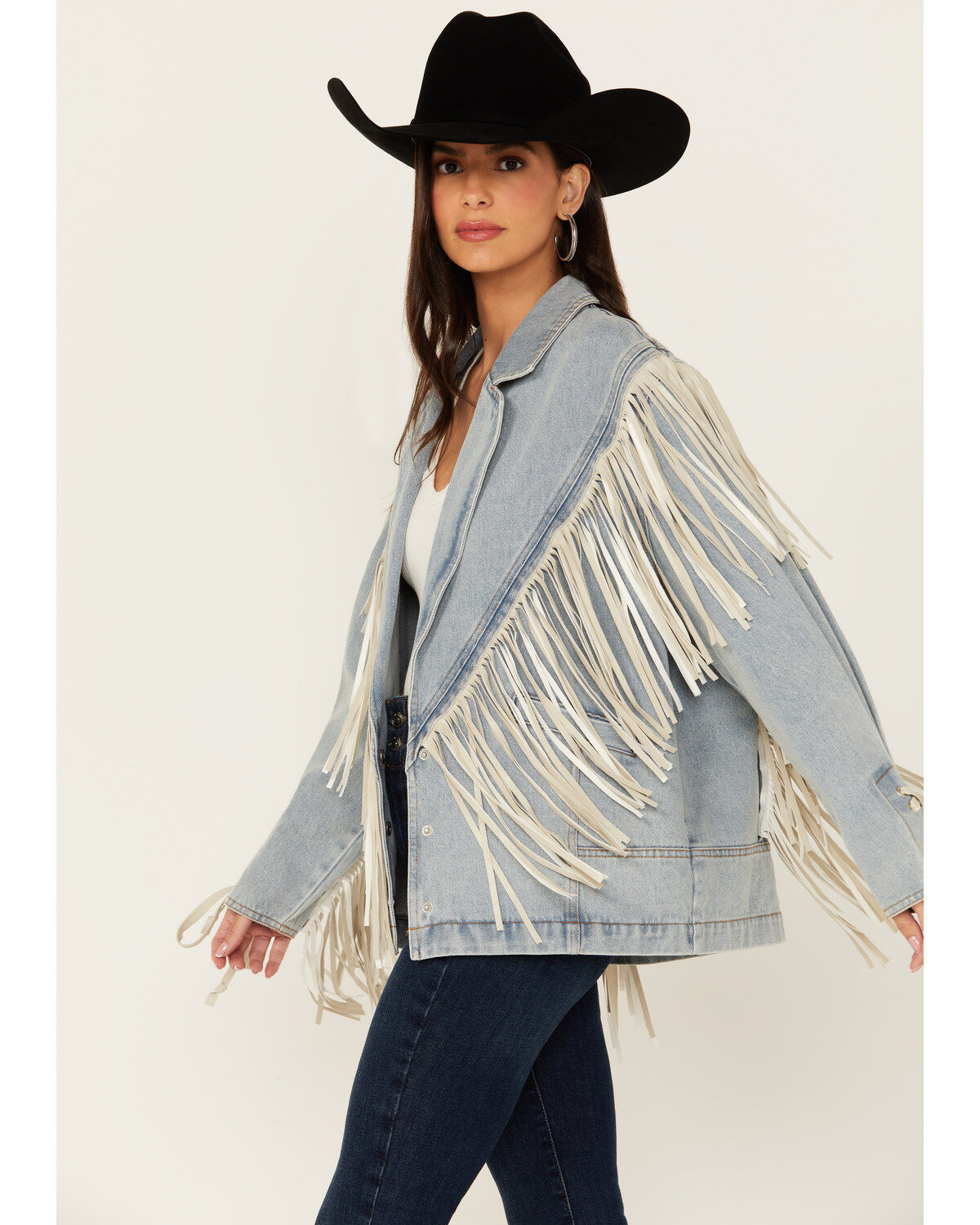 Image #2 - Saints & Hearts Women's Light Wash Denim Fringe Blazer, , hi-res