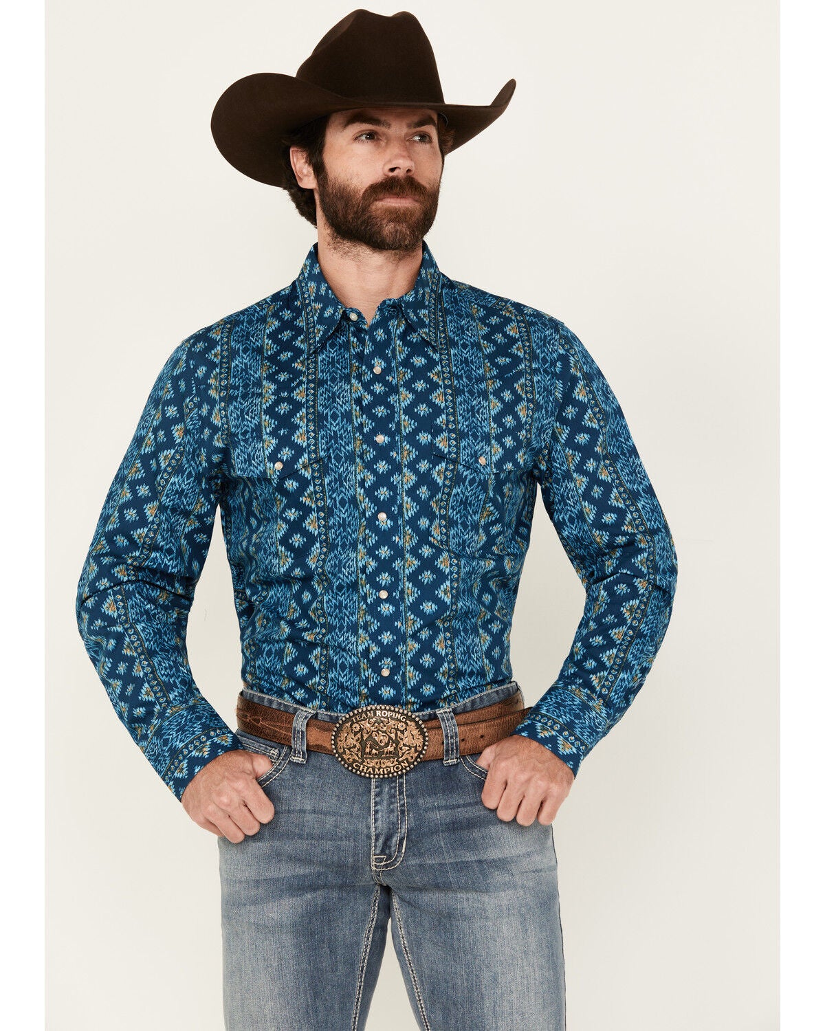 Wrangler Men's Checotah Southwestern Striped Long Sleeve Pearl Snap Western Shirt, Blue, hi-res