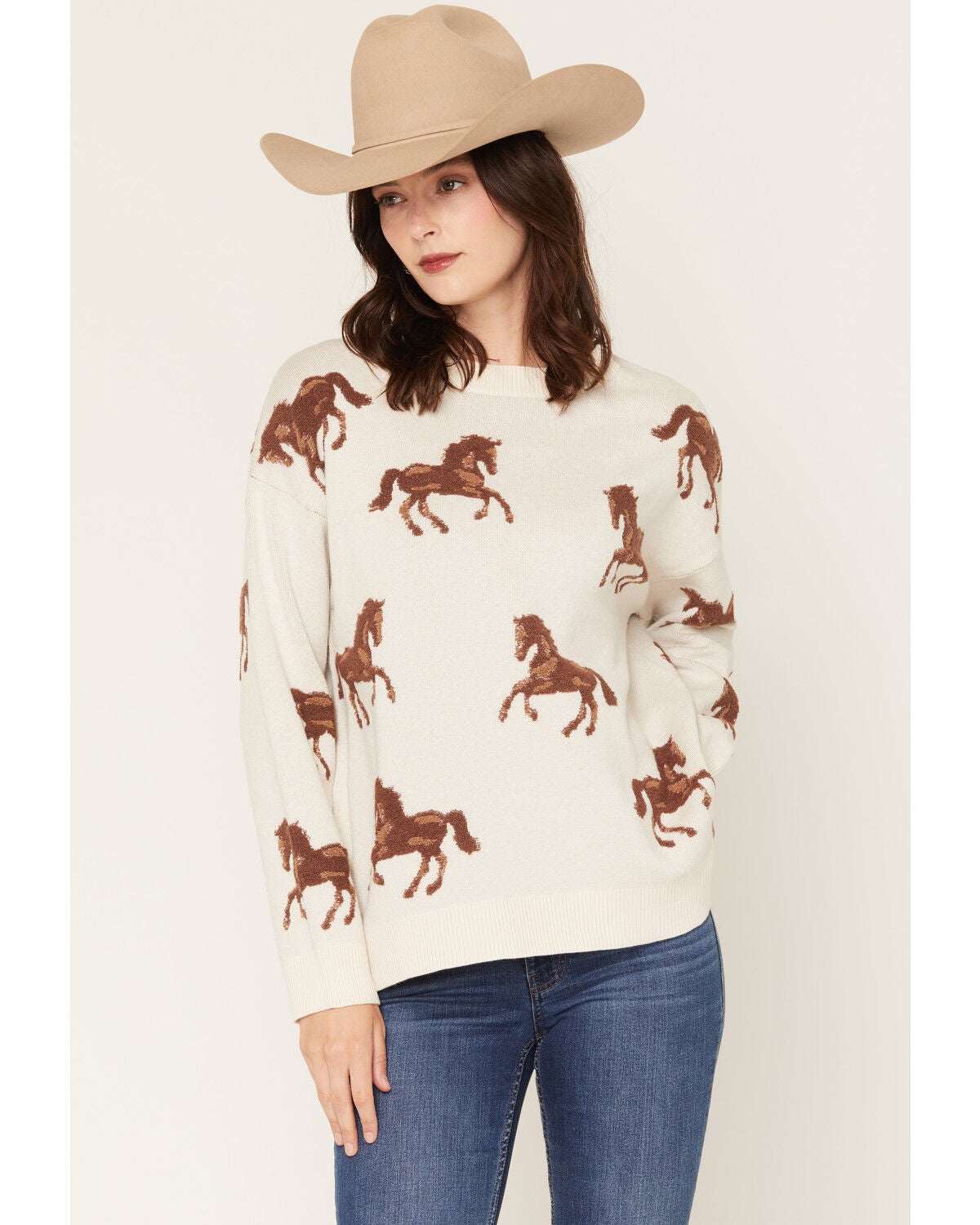 Originality Women's Horse Knit Tunic Sweater, Cream, hi-res