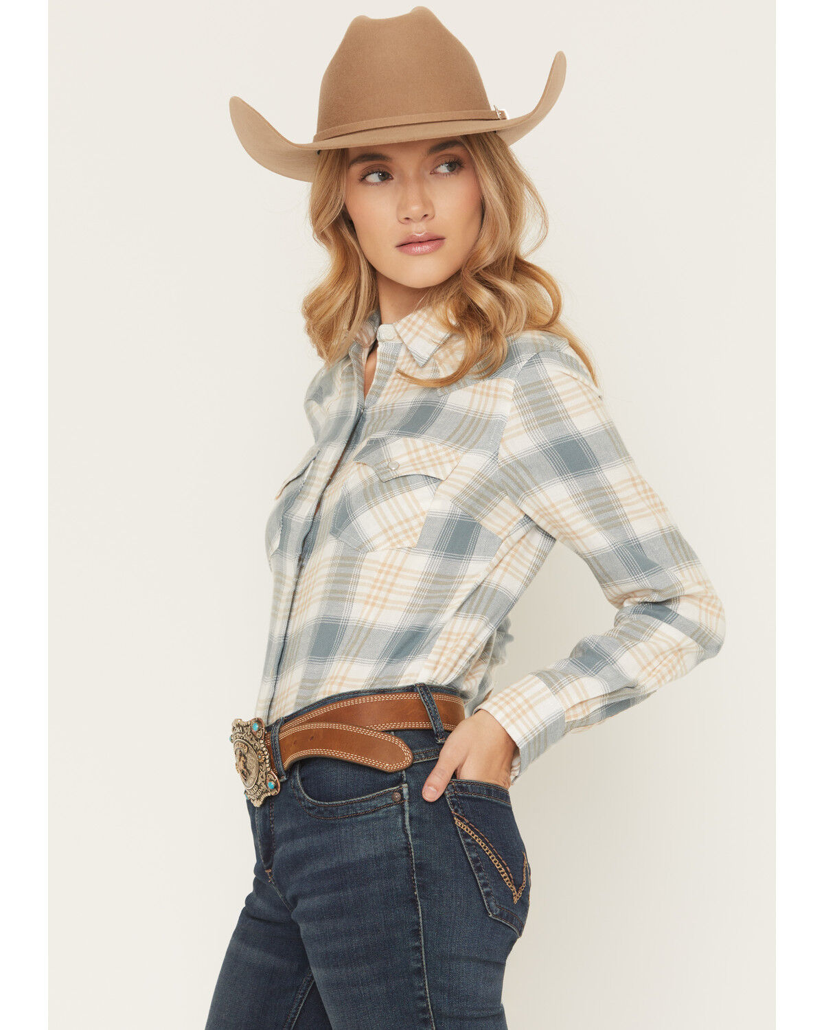 Image #2 - Wrangler Retro Women's Boot Barn Exclusive Plaid Print Long Sleeve Pearl Snap Flannel Shirt, Teal, hi-res