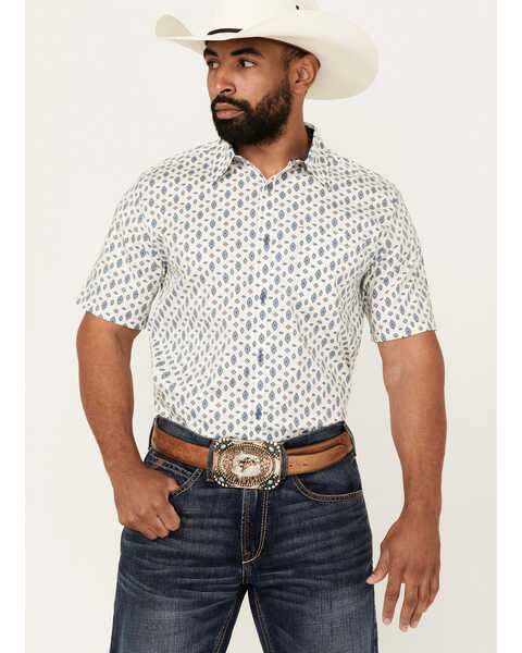 Cody James Men's Tusk Southwestern Geo Print Short Sleeve Button-Down Stretch Western Shirt , Ivory, hi-res